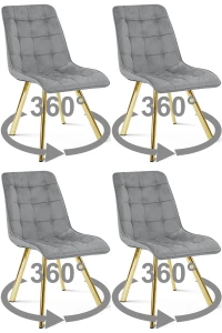 4 krzesła obrotowe CIEZA 360° jasnoszare – welur, na złotych metalowych nogach, do jadalni
