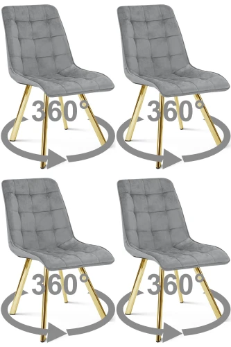 4 krzesła obrotowe CIEZA 360° jasnoszare – welur, na złotych metalowych nogach, do jadalni