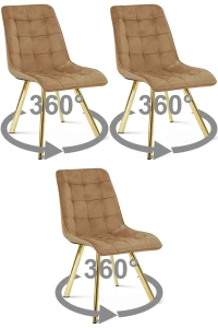 3 krzesła obrotowe CIEZA 360° brązowe – welurowa tapicerka, na złotych metalowych nogach