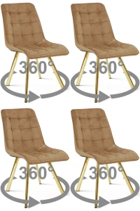 4 krzesła obrotowe CIEZA 360° brązowe – welur, na złotych metalowych nogach, do jadalni