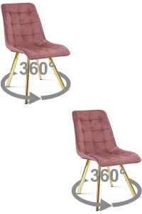 2 krzesła obrotowe CIEZA 360° ciemnoróżowe – welur, na złotych metalowych nogach, do stołu