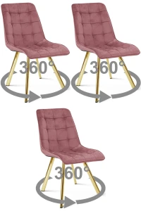 3 krzesła obrotowe CIEZA 360° ciemnoróżowe – welurowa tapicerka, na złotych metalowych nogach