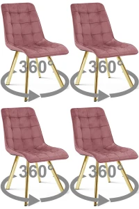 4 krzesła obrotowe CIEZA 360° ciemnoróżowe – welur, na złotych metalowych nogach, do jadalni