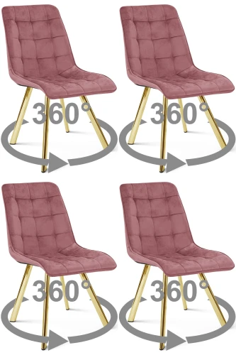 4 krzesła obrotowe CIEZA 360° ciemnoróżowe – welur, na złotych metalowych nogach, do jadalni