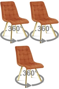 3 krzesła obrotowe CIEZA 360° miedziane – welurowa tapicerka, na złotych metalowych nogach